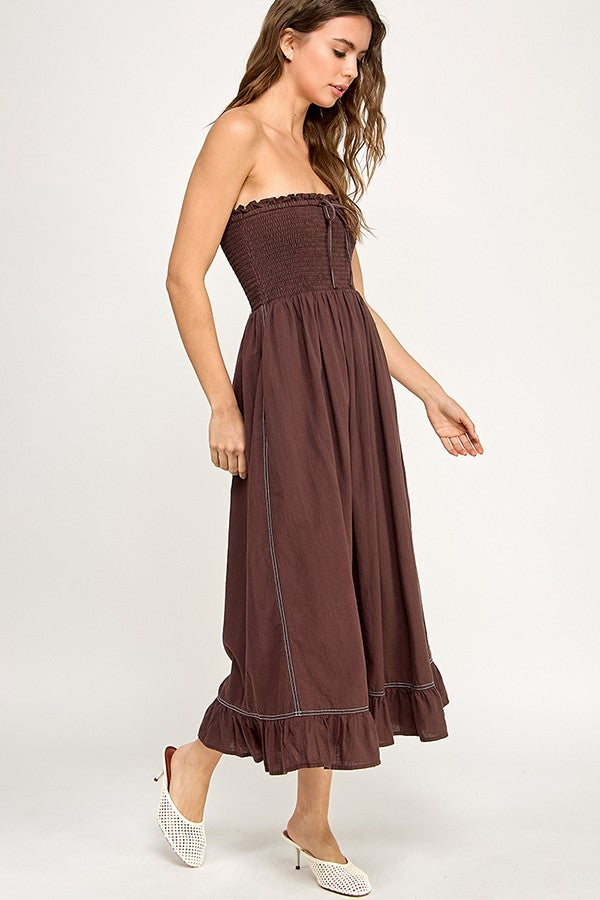 Brown Smocked Tube Midi Dress