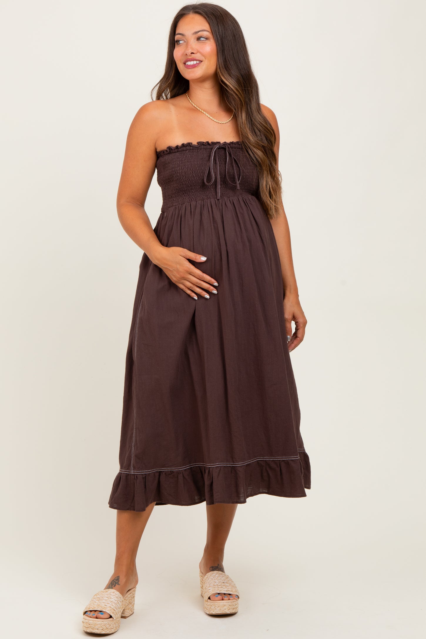 Brown Smocked Tube Maternity Midi Dress