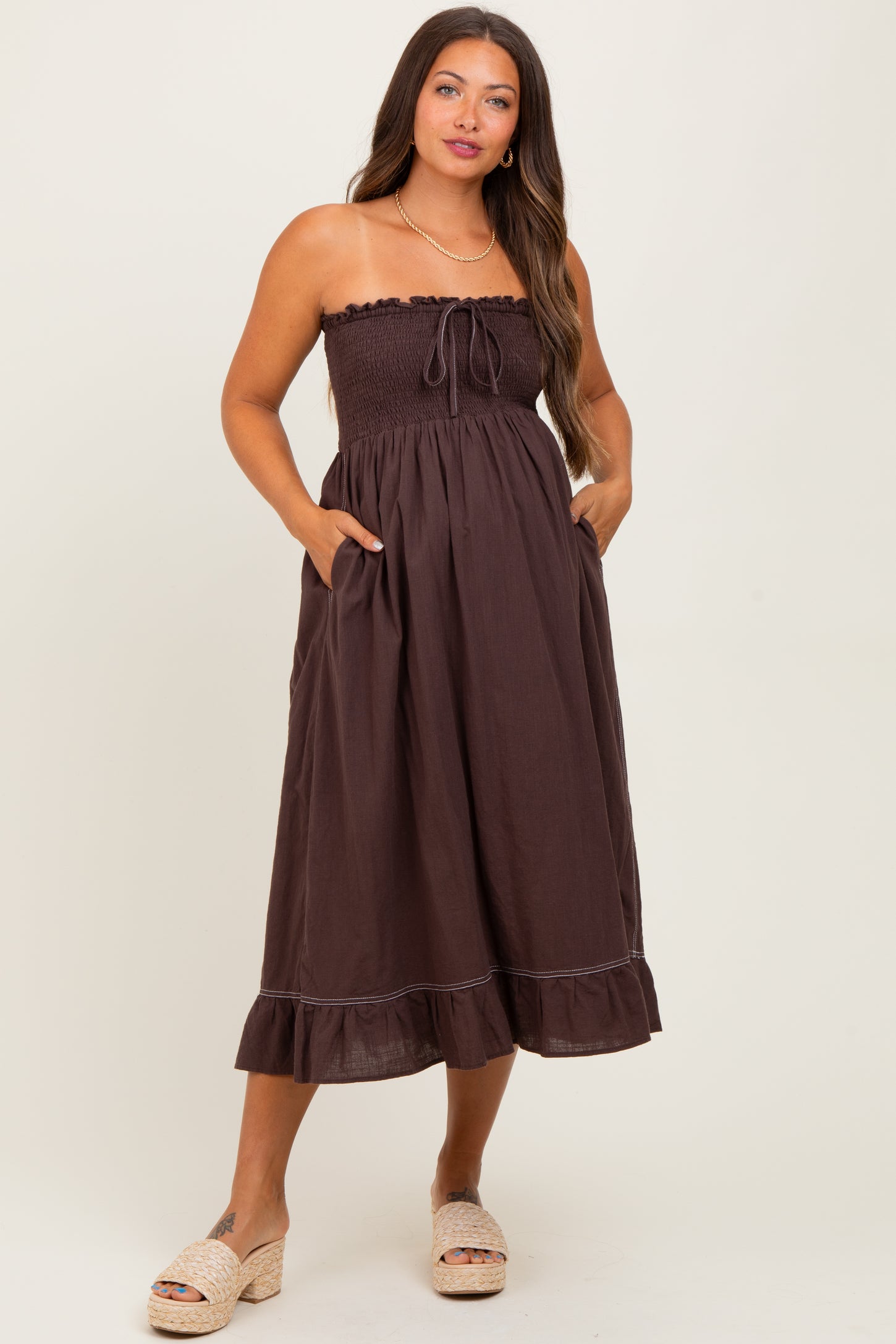 Brown Smocked Tube Maternity Midi Dress