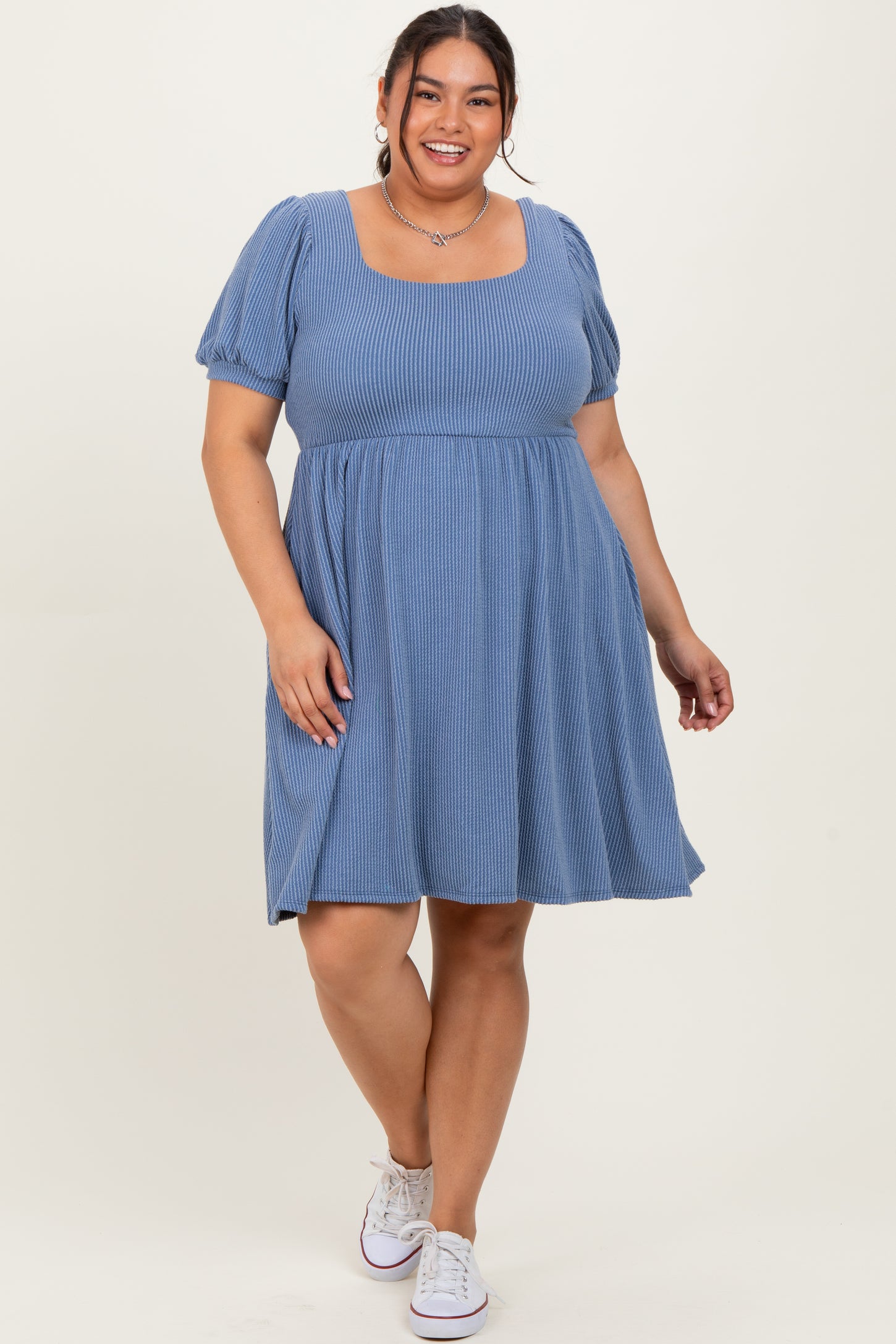 Vintage Denim Puff Rib Plus Babydoll Dress