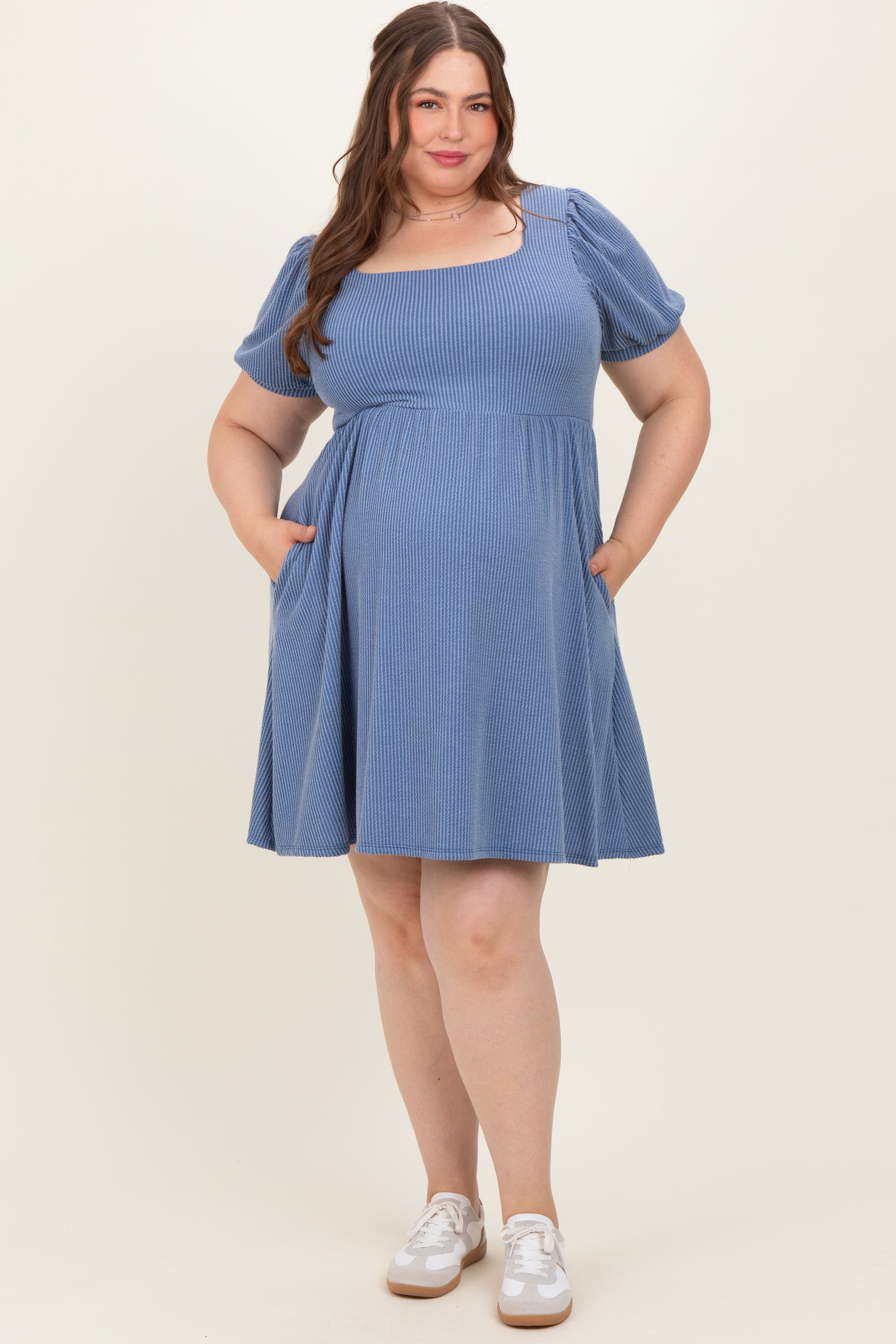 Vintage Denim Puff Rib Plus Maternity Babydoll Dress
