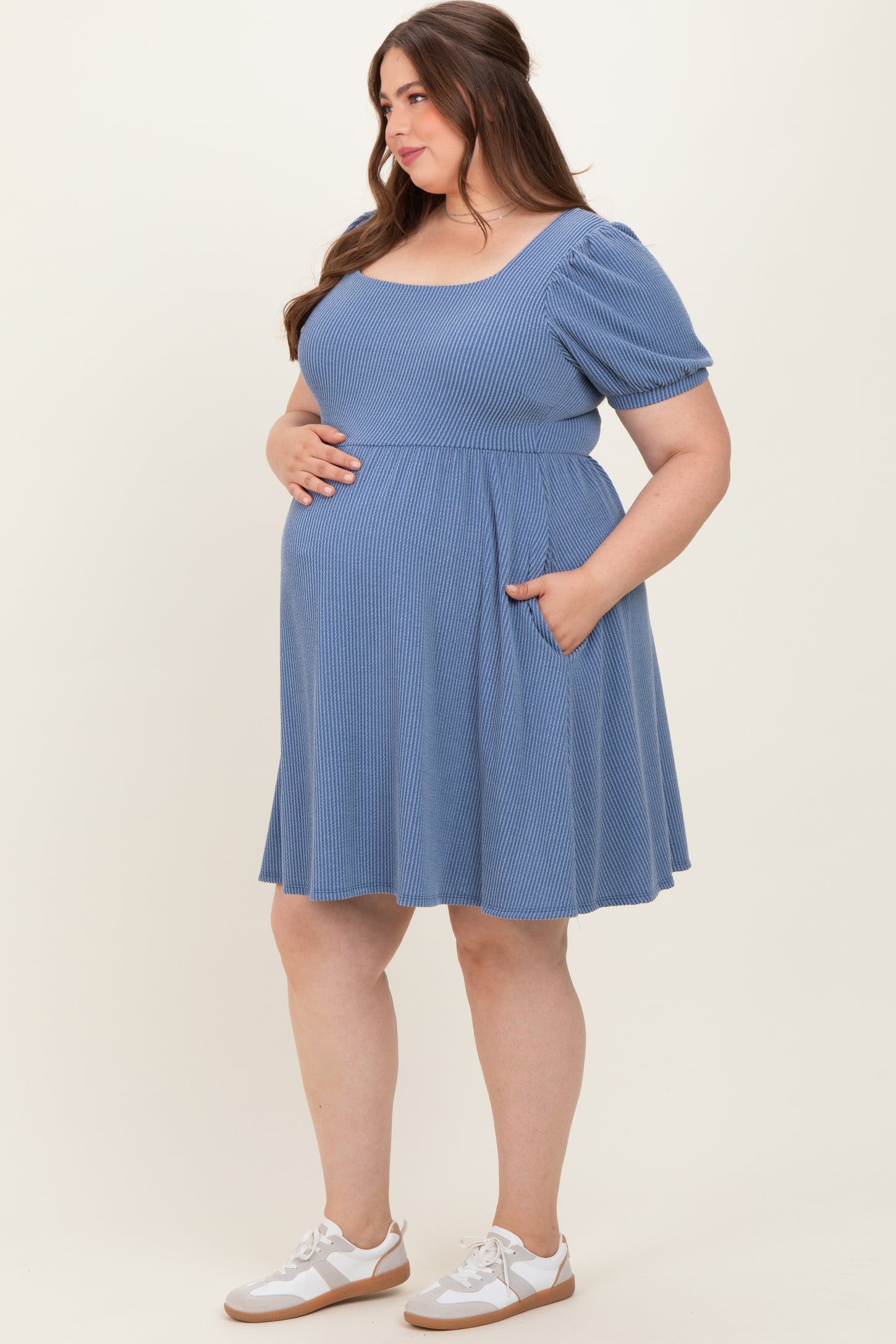 Vintage Denim Puff Rib Plus Maternity Babydoll Dress – PinkBlush Vintage Denim Puff Rib Plus Maternity Babydoll Dress – PinkBlush