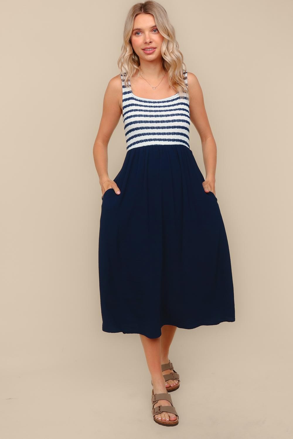 Navy Striped Fit And Flare Sleeveless Plus Midi Dress
