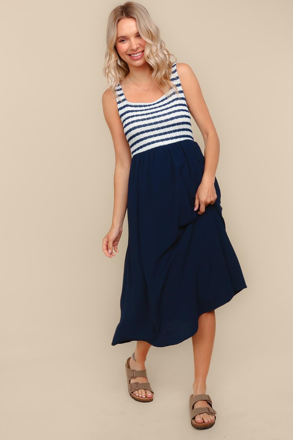 Navy Striped Fit And Flare Sleeveless Plus Midi Dress PinkBlush Navy Striped Fit And Flare Sleeveless Plus Midi Dress PinkBlush