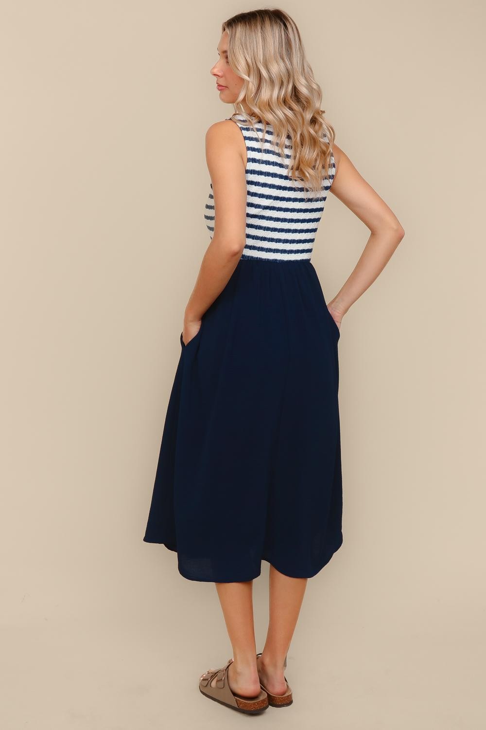 Navy Striped Fit And Flare Sleeveless Plus Midi Dress