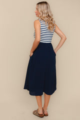 Navy Striped Fit And Flare Sleeveless Plus Midi Dress