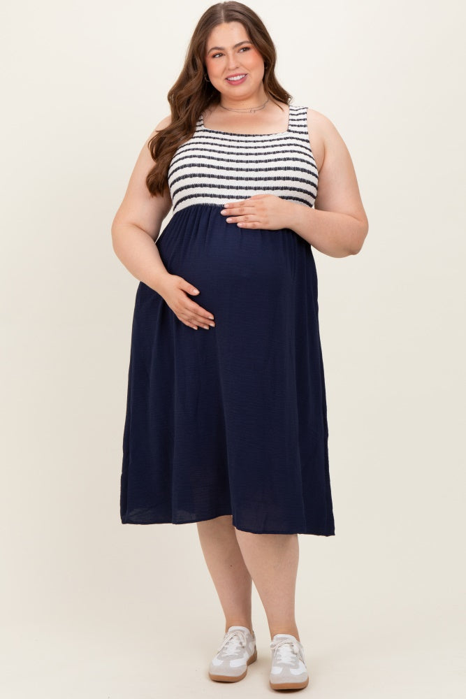 Navy Striped Fit And Flare Sleeveless Plus Maternity Midi Dress
