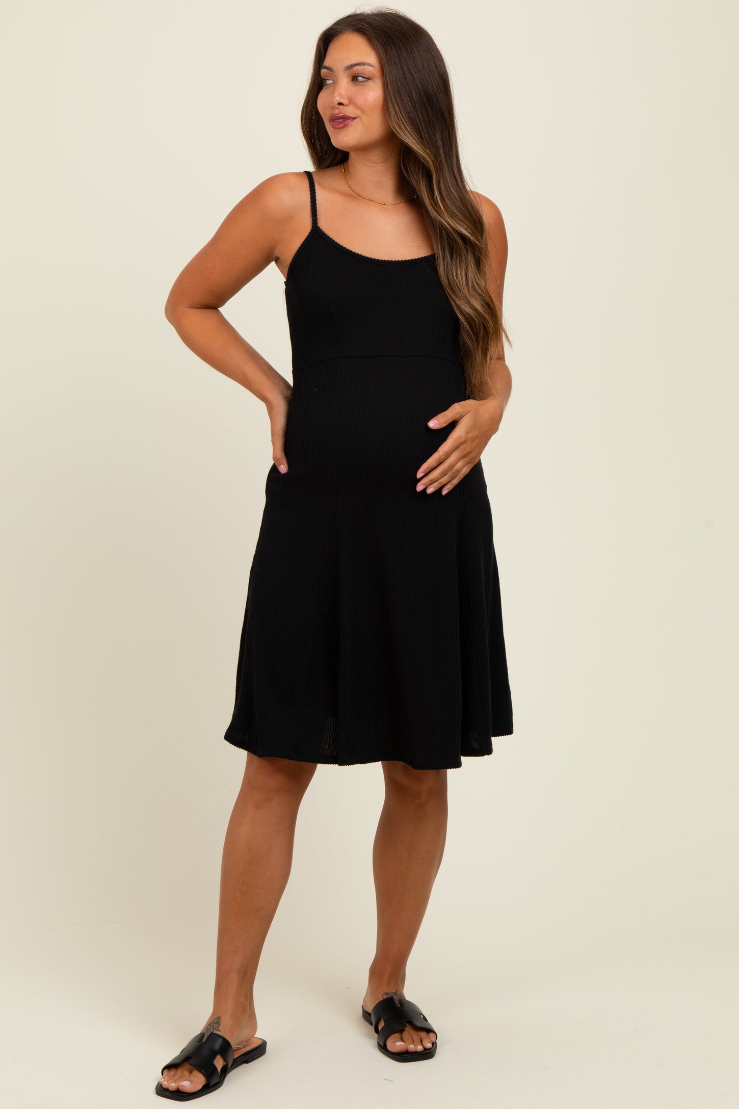Black Ribbed Sleeveless Maternity Skater Dress