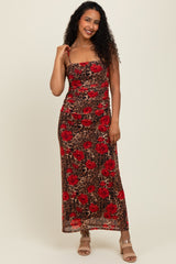 Brown Leopard Floral Mesh Ruched Sleeveless Maternity Maxi Dress