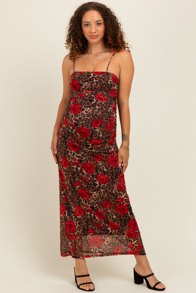 Brown Leopard Floral Mesh Ruched Sleeveless Maternity Maxi Dress