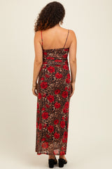 Brown Leopard Floral Mesh Ruched Sleeveless Maternity Maxi Dress