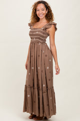 Mocha Floral Embroidered Smocked Maxi Dress