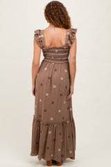 Mocha Floral Embroidered Smocked Maxi Dress