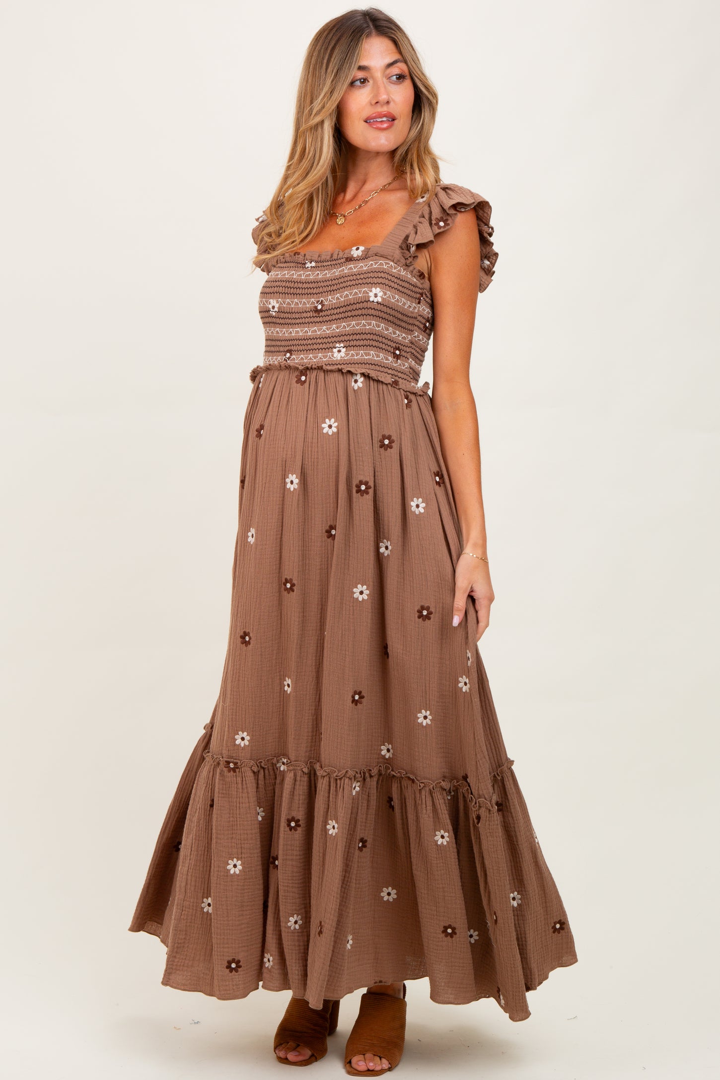 Mocha Floral Embroidered Smocked Maternity Maxi Dress