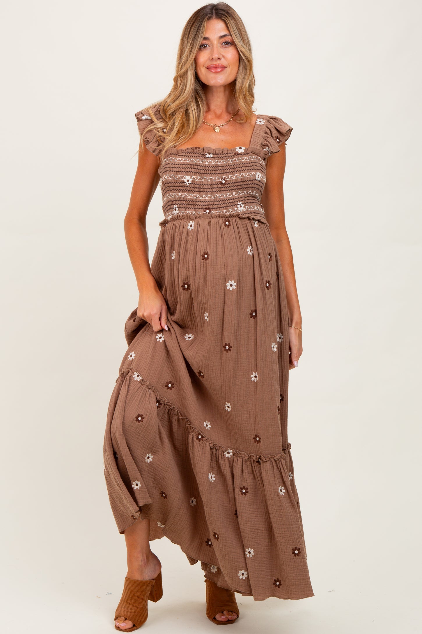 Mocha Floral Embroidered Smocked Maternity Maxi Dress PinkBlush Mocha Floral Embroidered Smocked Maternity Maxi Dress PinkBlush