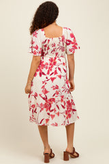 Fuchsia Floral Smocked Flutter Sleeve Maternity Midi Dress