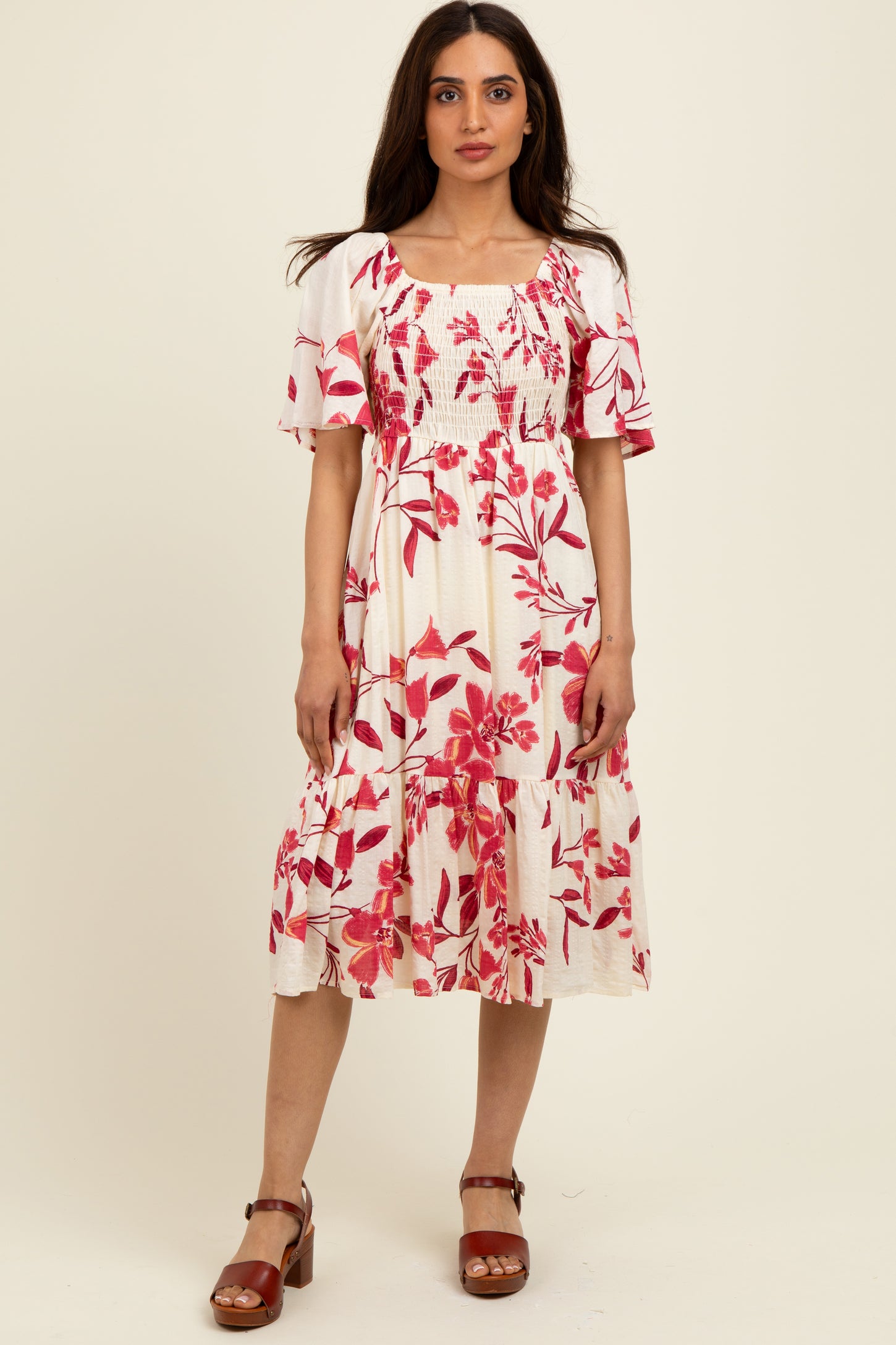 Fuchsia Floral Smocked Flutter Sleeve Midi Dress