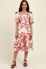 Fuchsia Floral Smocked Flutter Sleeve Midi Dress
