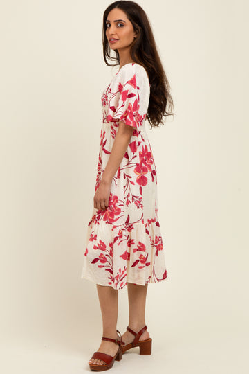 Fuchsia Floral Smocked Flutter Sleeve Midi Dress