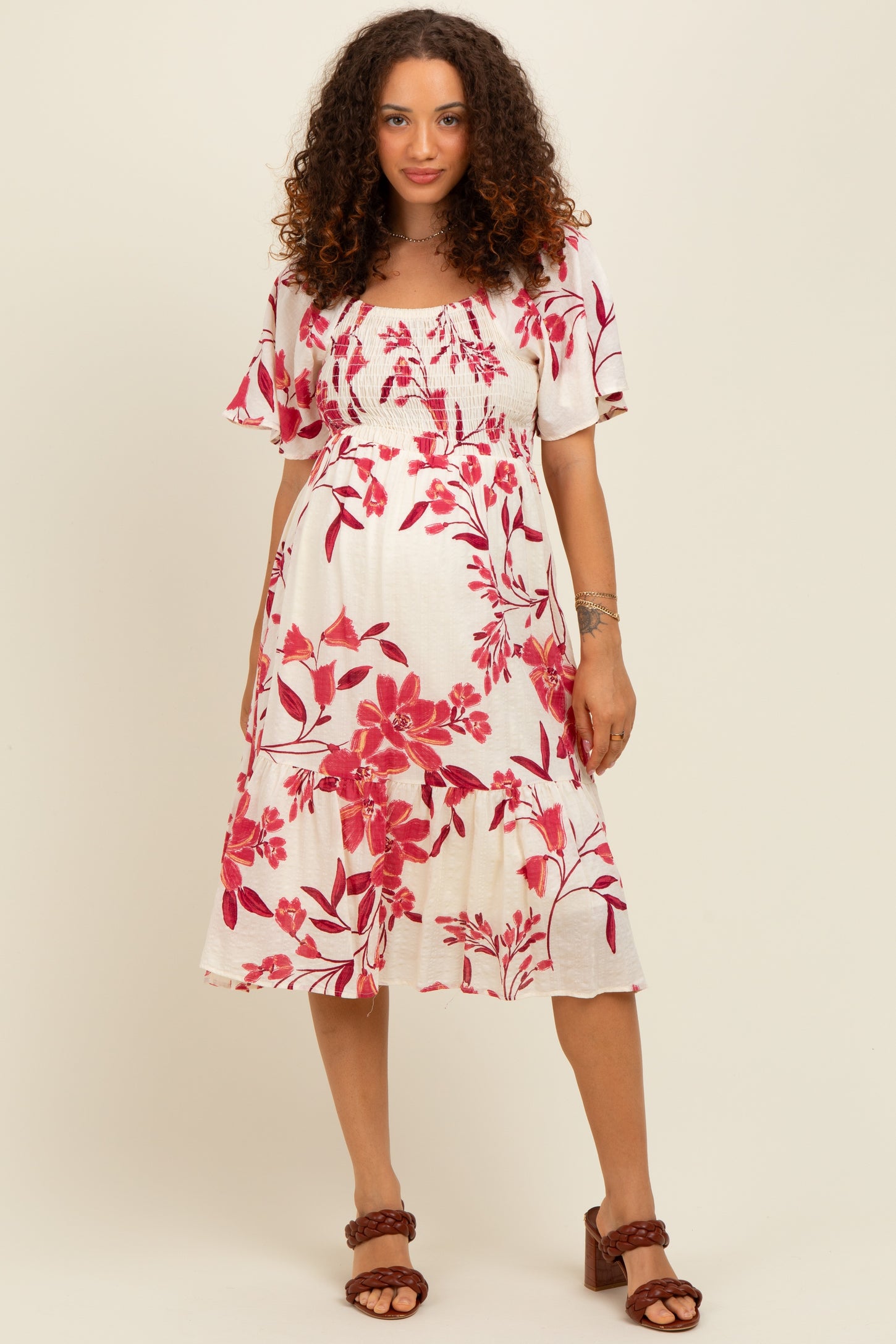 Fuchsia Floral Smocked Flutter Sleeve Maternity Midi Dress