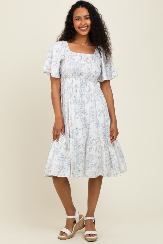 Cream Floral Smocked Flutter Sleeve Midi Dress