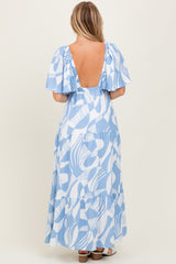 Blue Sleeveless Smocked Back Printed Maxi Dress