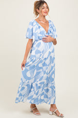 Blue Sleeveless Smocked Back Printed Maternity Maxi Dress