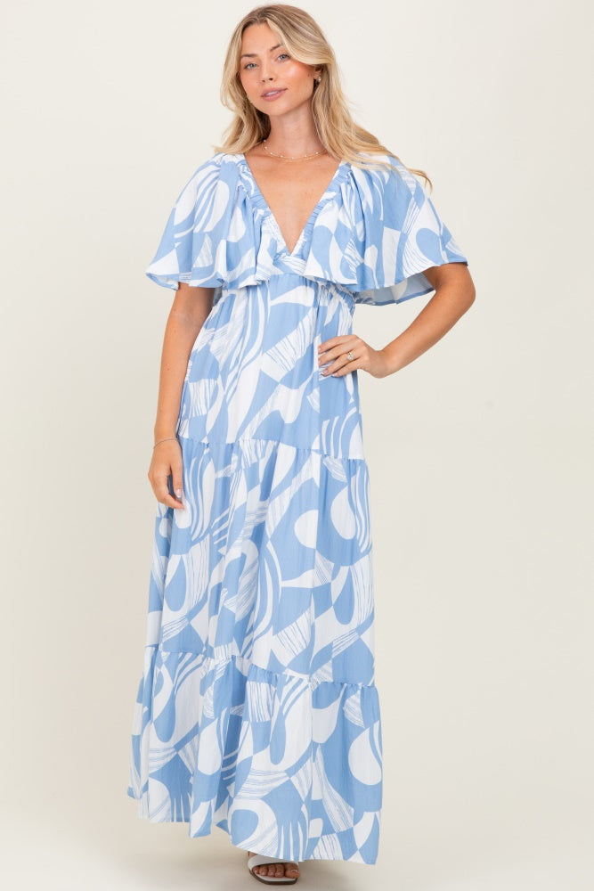 Blue Sleeveless Smocked Back Printed Maternity Maxi Dress