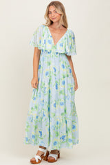 Sky Blue Floral Print Maternity Maxi Dress