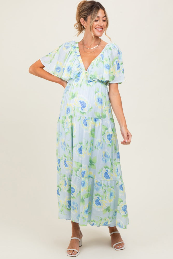 Sky Blue Floral Print Maternity Maxi Dress