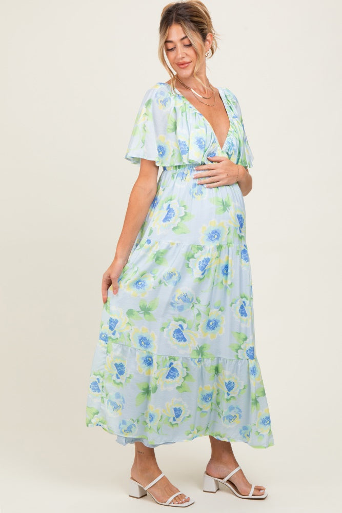 Sky Blue Floral Print Maternity Maxi Dress