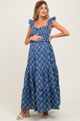 Denim Off White Floral Embroidered Tiered Maternity Maxi Dress