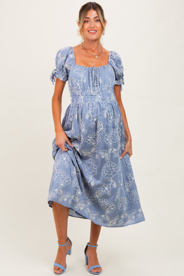 Denim Blue Floral Embroidered Maternity Midi Dress