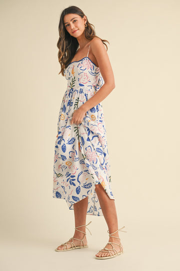Ivory/Blue Leaf Printed Contrast Piping Detail Midi Dress