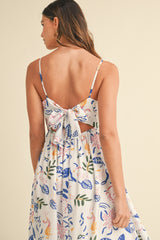 Ivory/Blue Leaf Printed Contrast Piping Detail Midi Dress