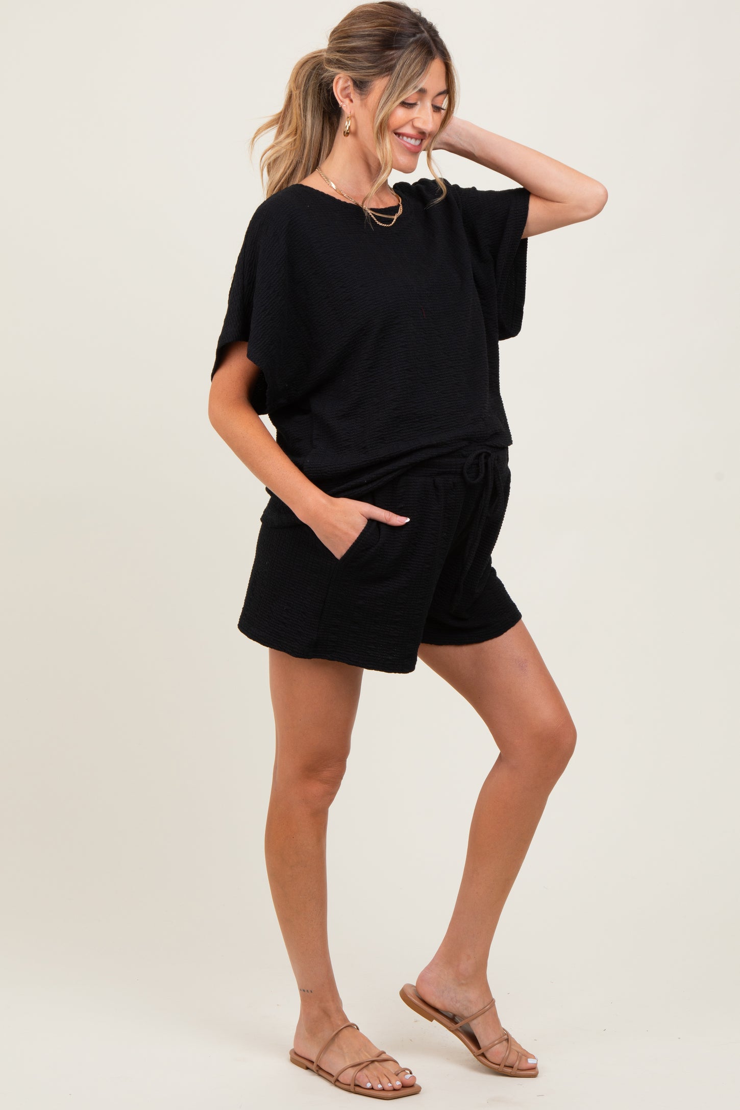 Black Textured Modal Knit Loose Fit Maternity Top & Shorts Set