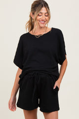 Black Textured Modal Knit Loose Fit Maternity Top & Shorts Set