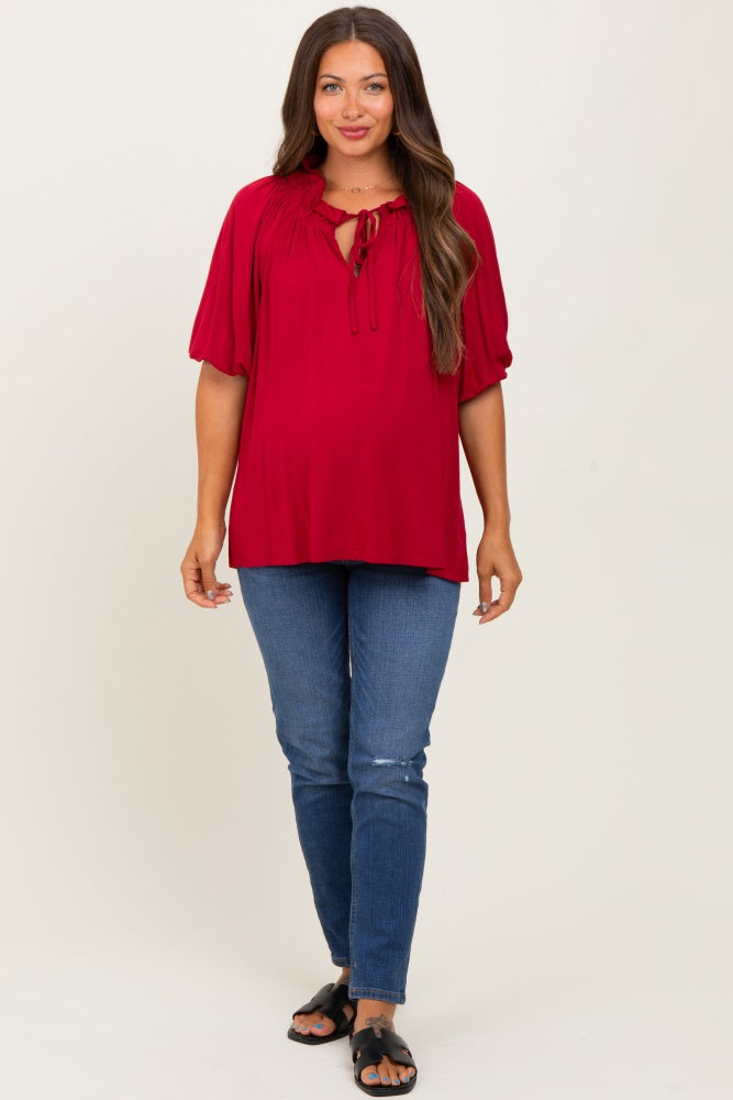 Burgundy  Half Balloon Sleeve Maternity Top