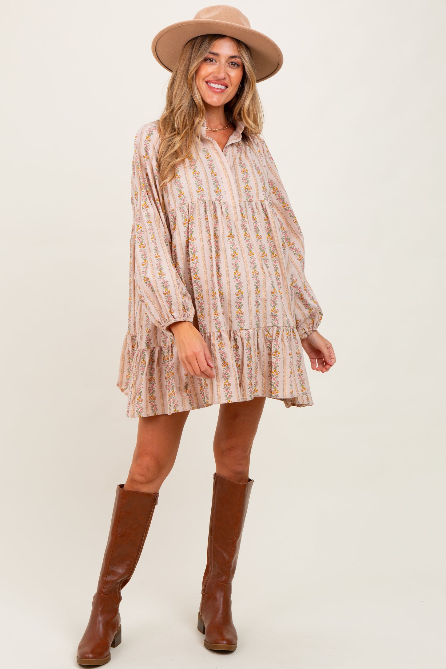 Tan Floral Print Shirring Half Buttoned Maternity Shirt Dress