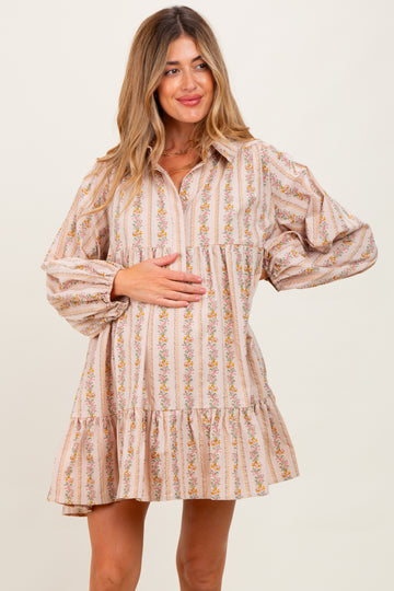 Tan Floral Print Shirring Half Buttoned Maternity Shirt Dress