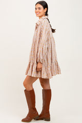 Tan Floral Print Shirring Half Buttoned Shirt Dress