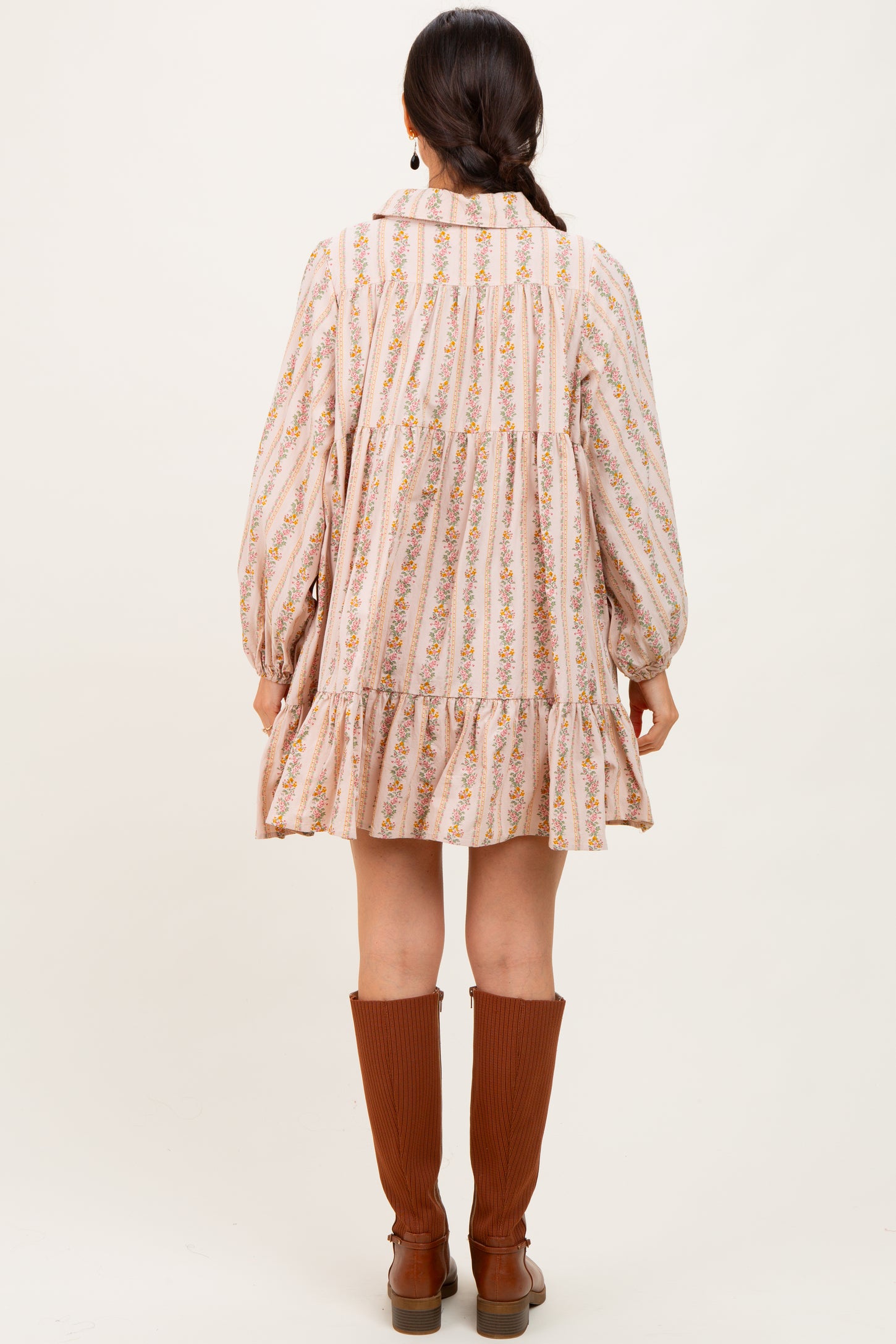 Tan Floral Print Shirring Half Buttoned Shirt Dress