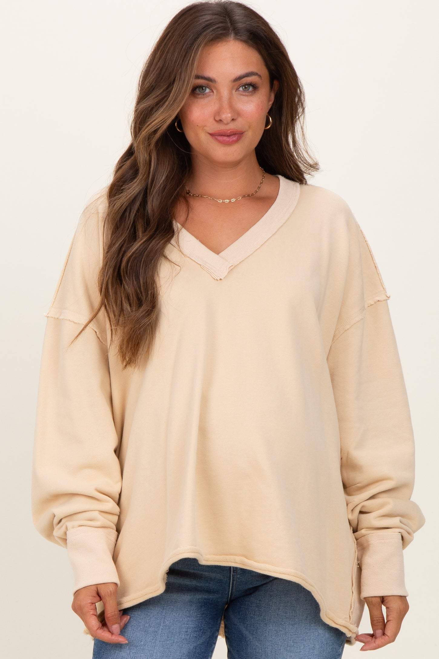 Oatmeal Mineral Washed French Terry Oversized Maternity Sweatshirt