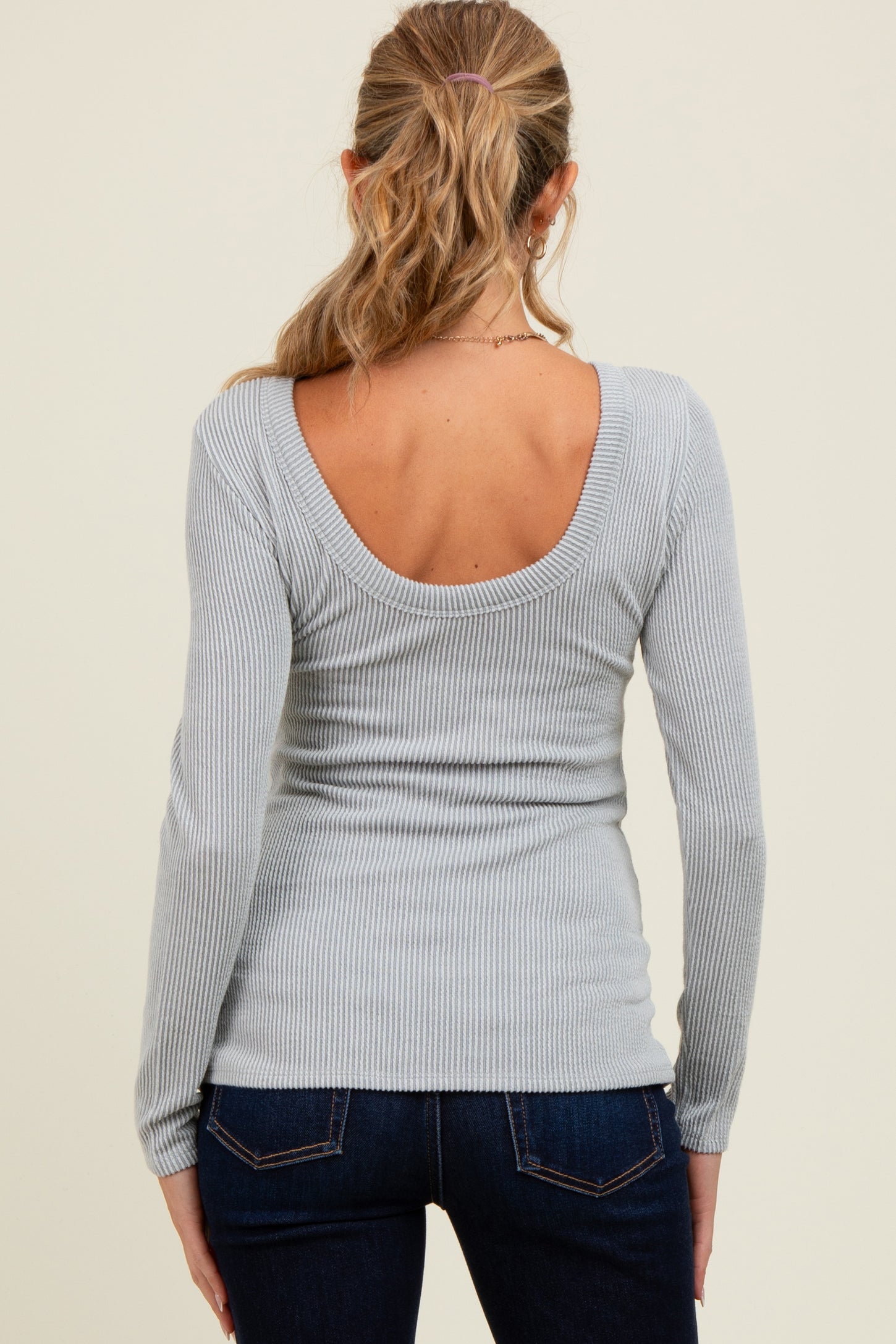 Silver Ribbed Scoop Neck Long Sleeve Maternity Top