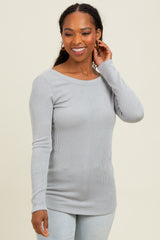 Silver Ribbed Scoop Neck Long Sleeve Maternity Top