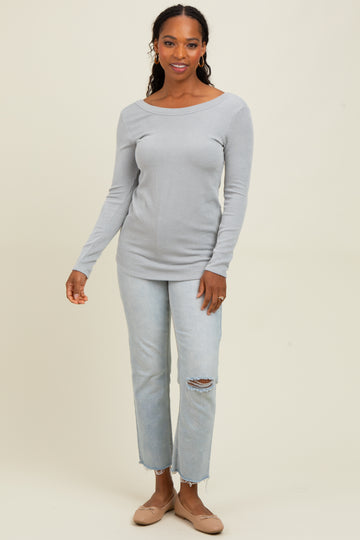 Silver Ribbed Scoop Neck Long Sleeve Top