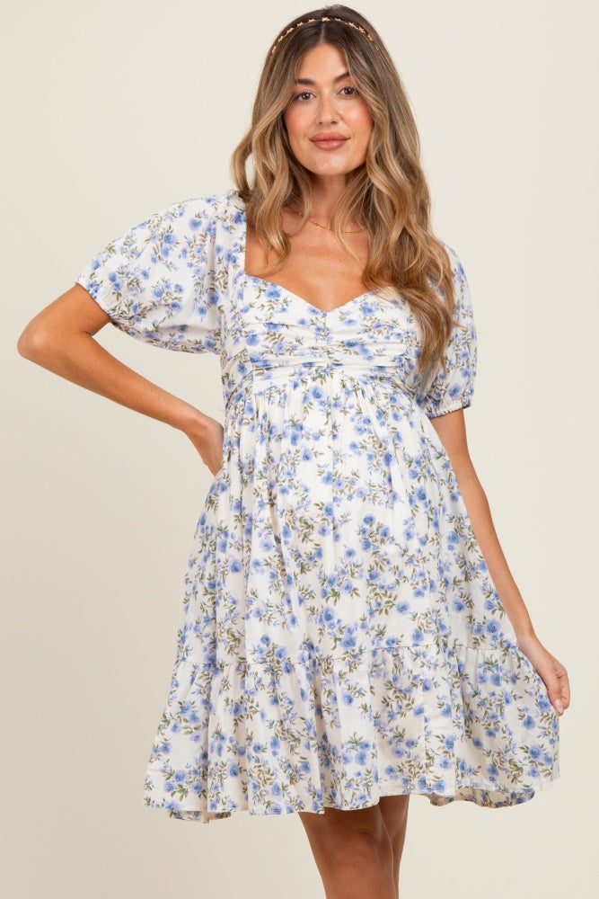 Cream/Lavender Ruched Bust Puff Sleeve Floral Cotton Maternity Mini Dress