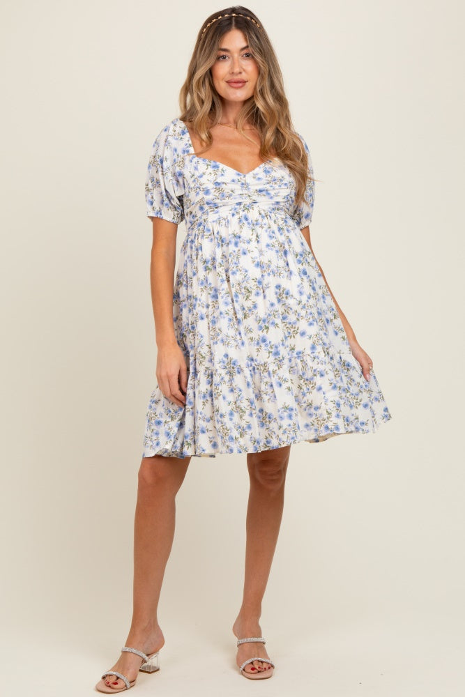 Cream/Lavender Ruched Bust Puff Sleeve Floral Cotton Maternity Mini Dress