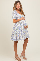 Cream/Lavender Ruched Bust Puff Sleeve Floral Cotton Maternity Mini Dress
