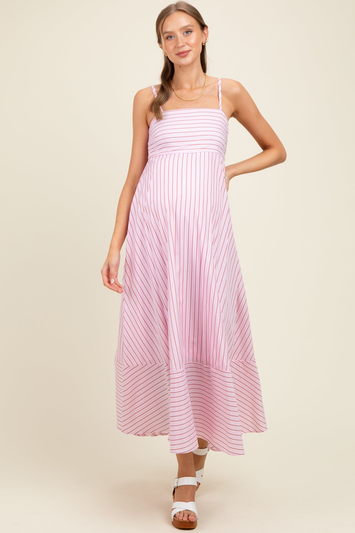 Light Pink Spaghetti Strap Stripe Maternity Maxi Dress